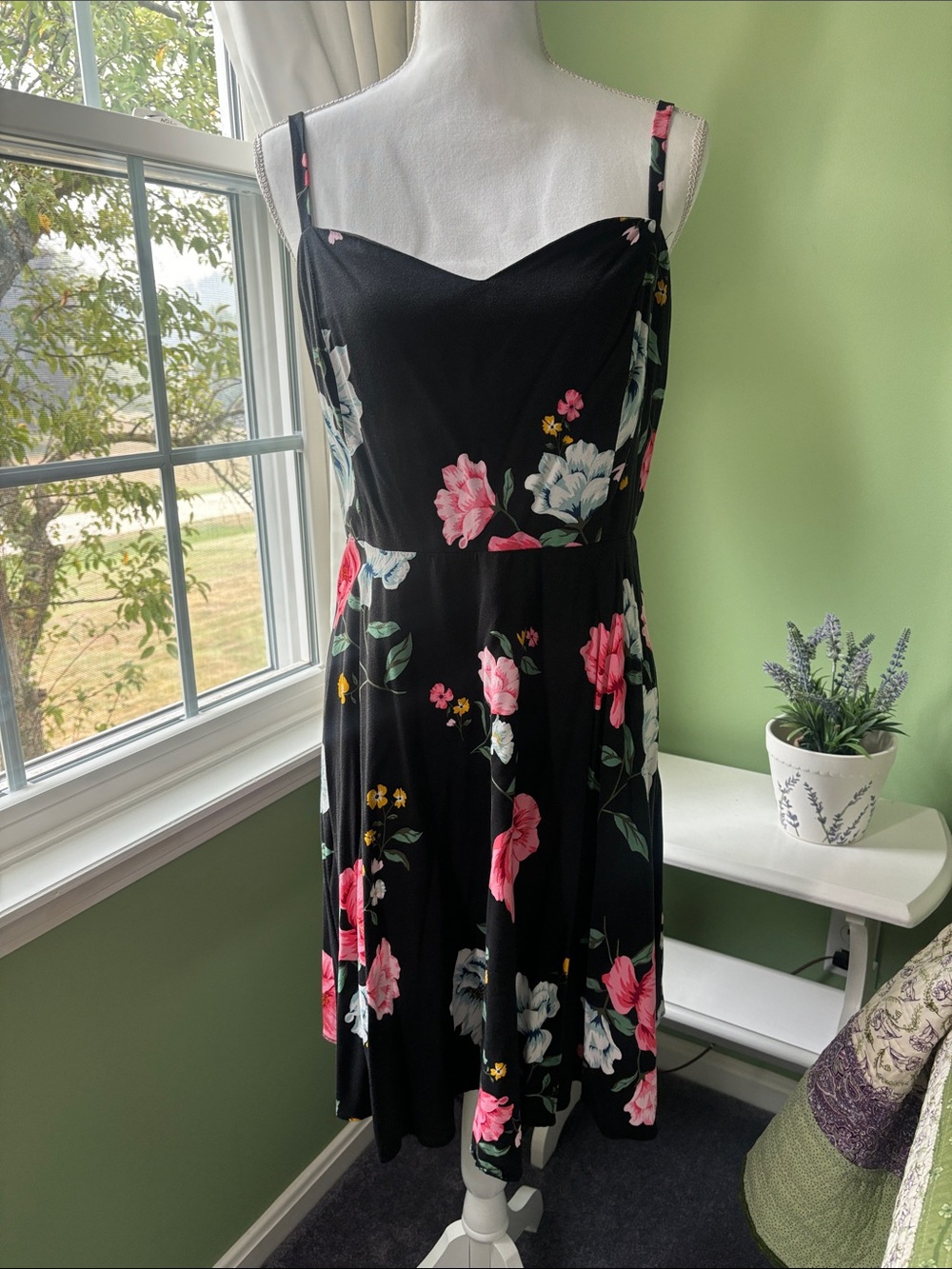 Old Navy Black Floral Spaghetti-Strap Midi Dress with Pink & White Blooms